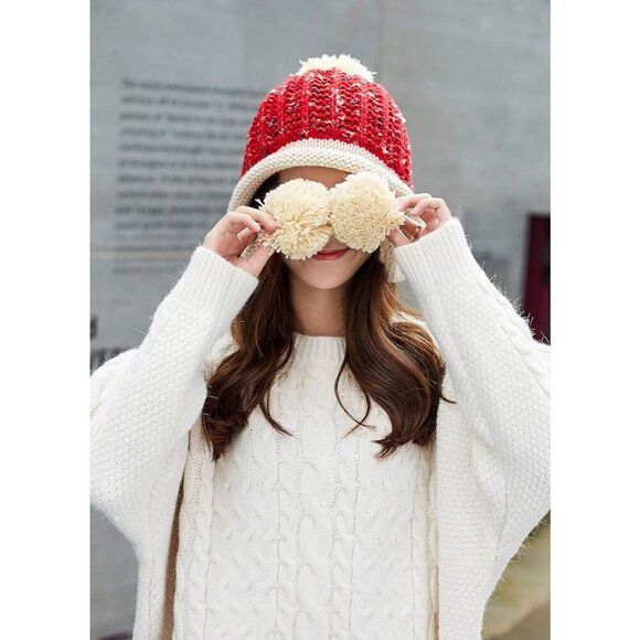 Women Red Beige Winter Peruvian Cover Ears Beanie Hat Ear Flaps Sherpa Ski Snow - Picture 6 of 9
